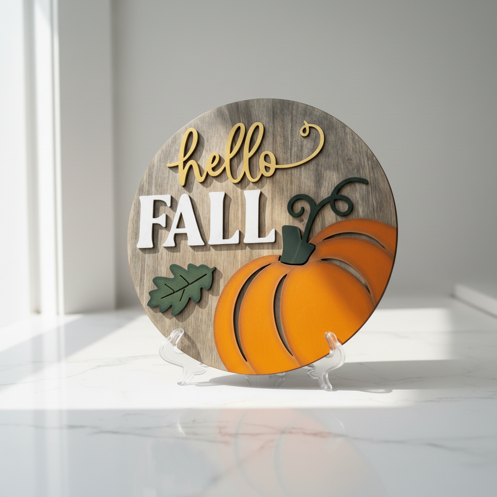 "Hello Fall" sign front view: gray wood round with orange pumpkin, green leaf and gold script, on a marble counter