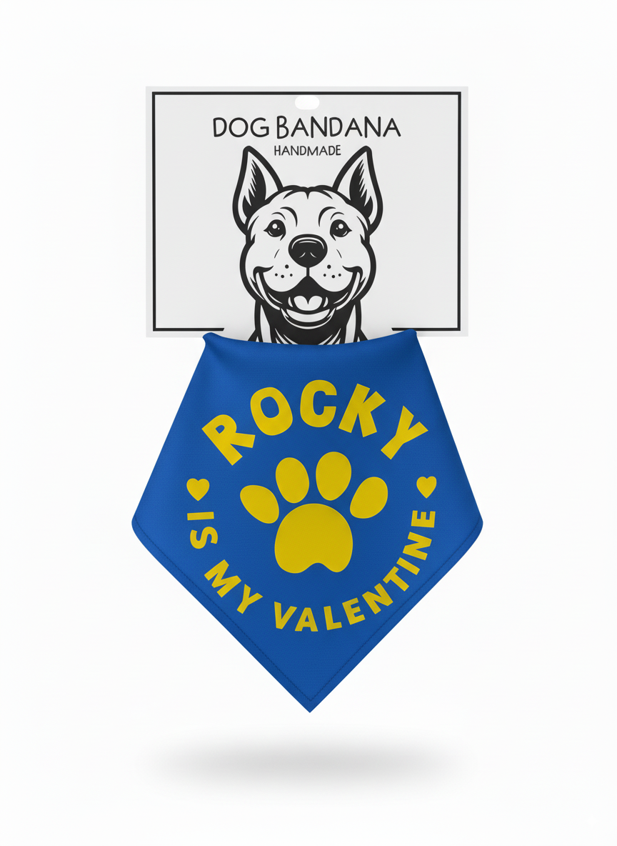 Blue bandana reading "Rocky Is My Valentine" with a yellow paw print and hearts, on its Dog Bandana Handmade card