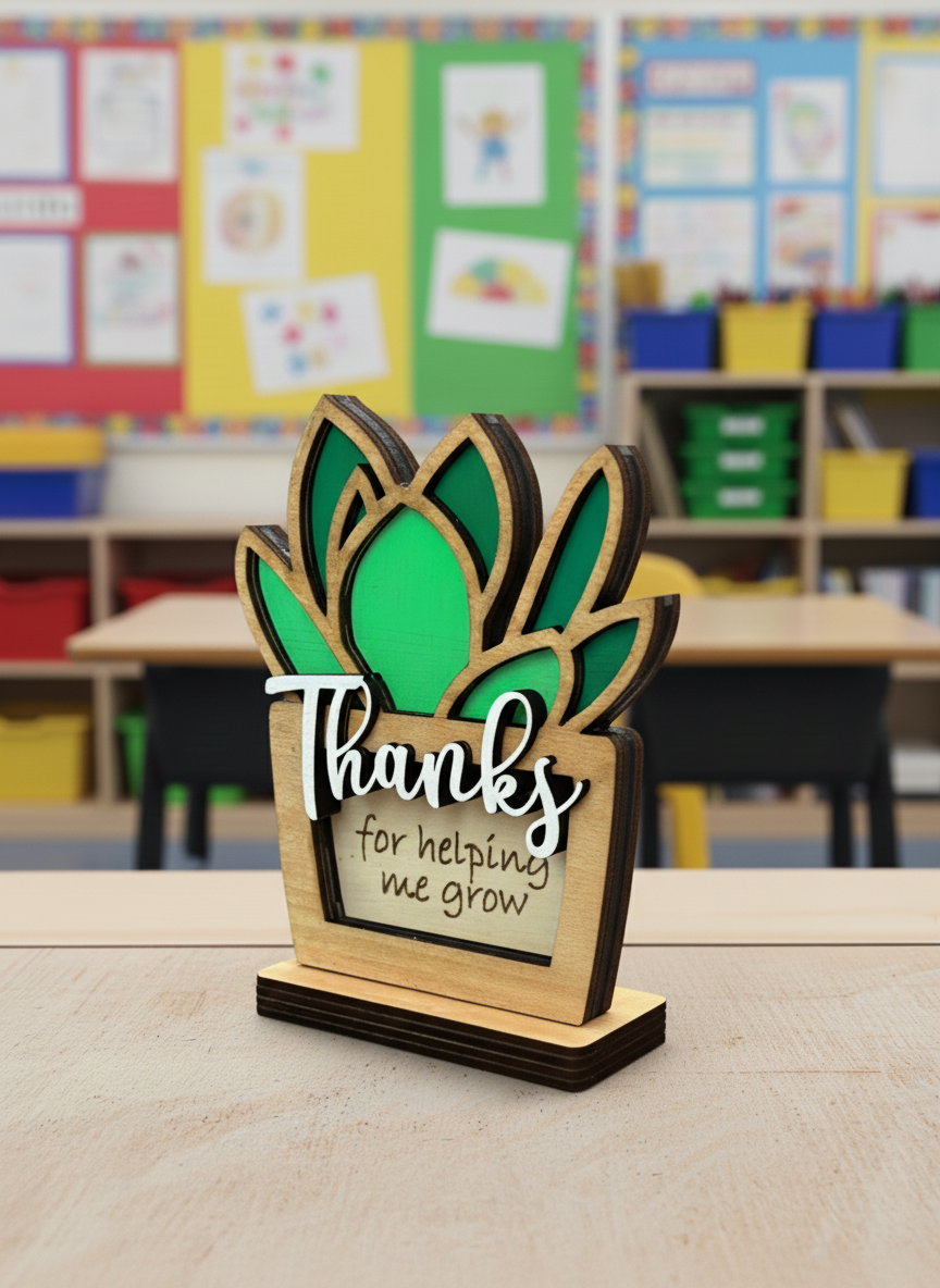 Angled view of the empty succulent card holder showing its layered wood, green leaves and base