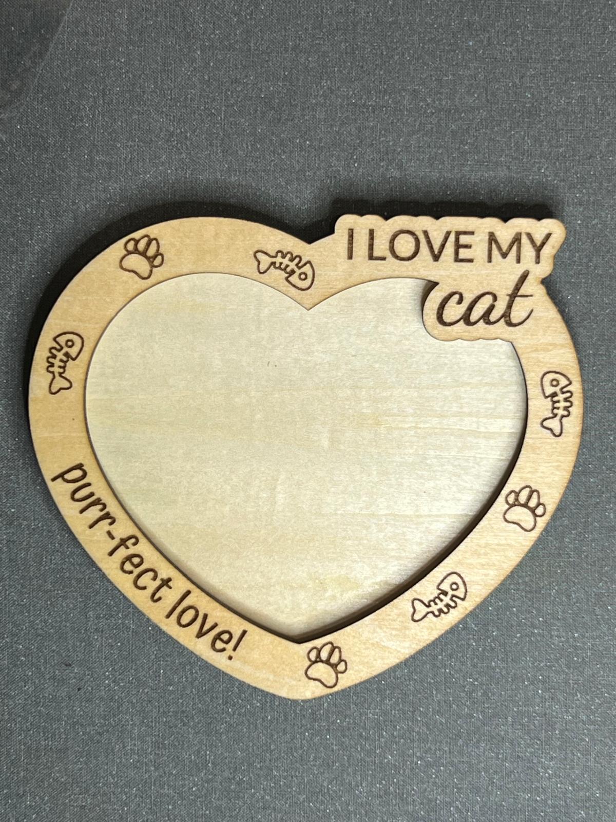 Personalized Wooden Cat Heart Frame Magnet – "I Love My Cat"