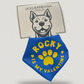 Blue dog bandana with 'Rocky is my Valentine' text and paw print on a gray background