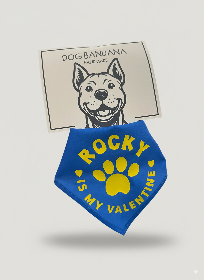 Blue dog bandana with 'Rocky is my Valentine' text and paw print on a gray background