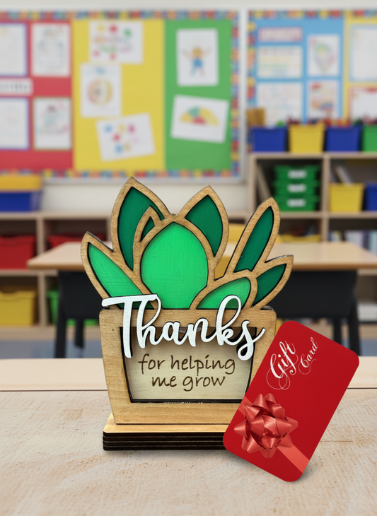 Teacher Gift Card Holder – Wooden Succulent “Thanks for Helping Me Grow” (Personalized Option)