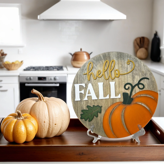 Hand-Painted Wooden Fall Plaque with Stand | “Hello Fall” Pumpkin Sign