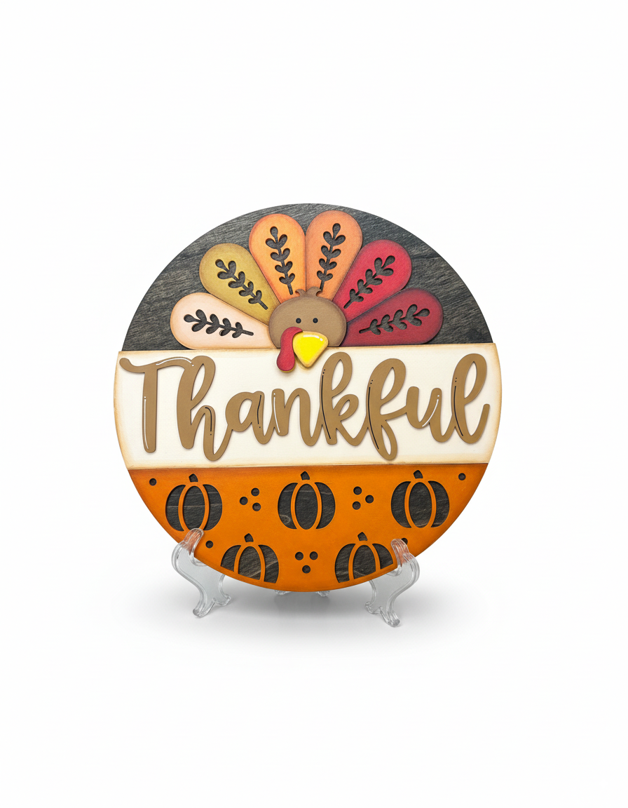Decorative plate with a turkey and pumpkins design, featuring the word 'Thankful'.