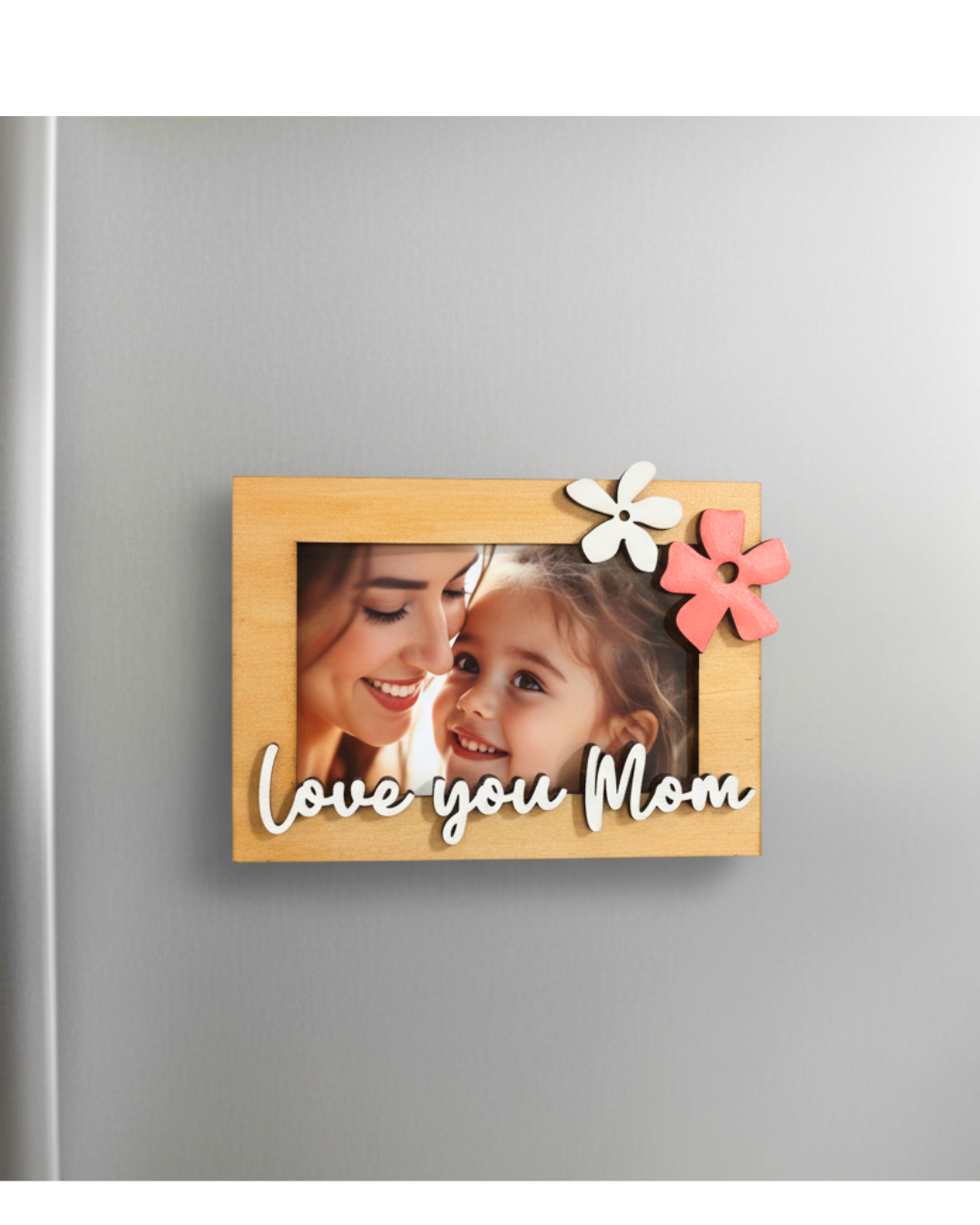 Love You Mom – Wooden Photo Magnet with Hand-Painted Floral Accents