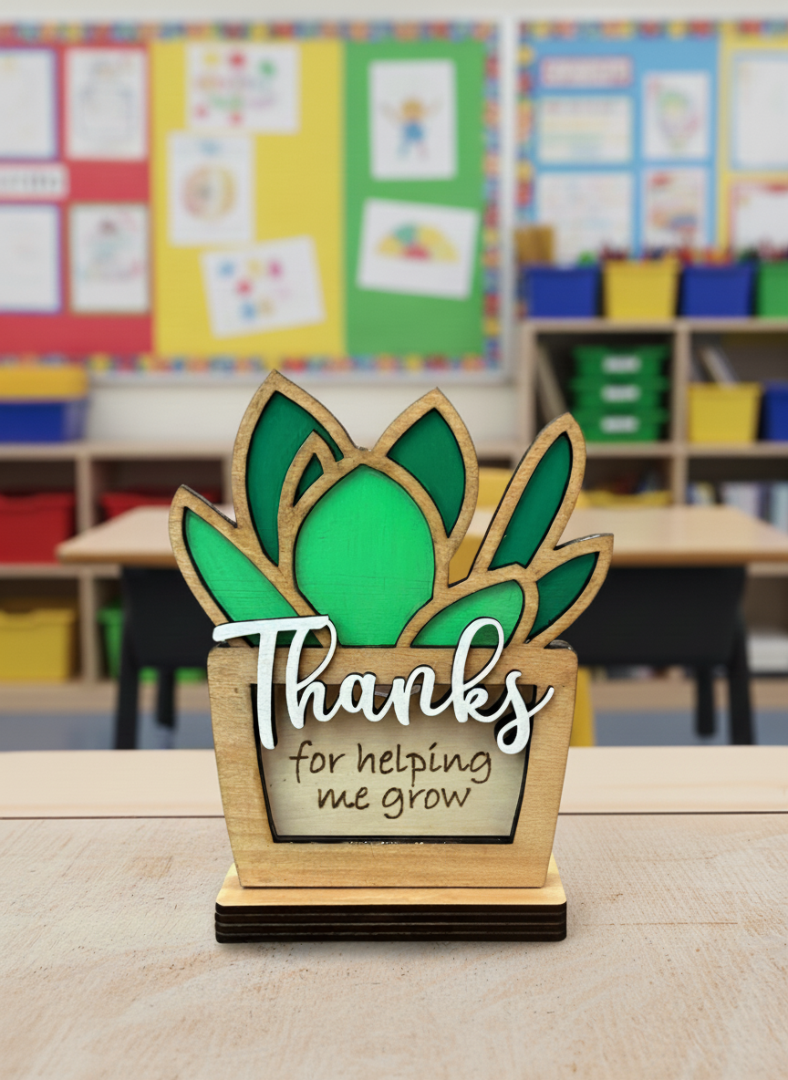 Teacher Gift Card Holder – Wooden Succulent “Thanks for Helping Me Grow” (Personalized Option)