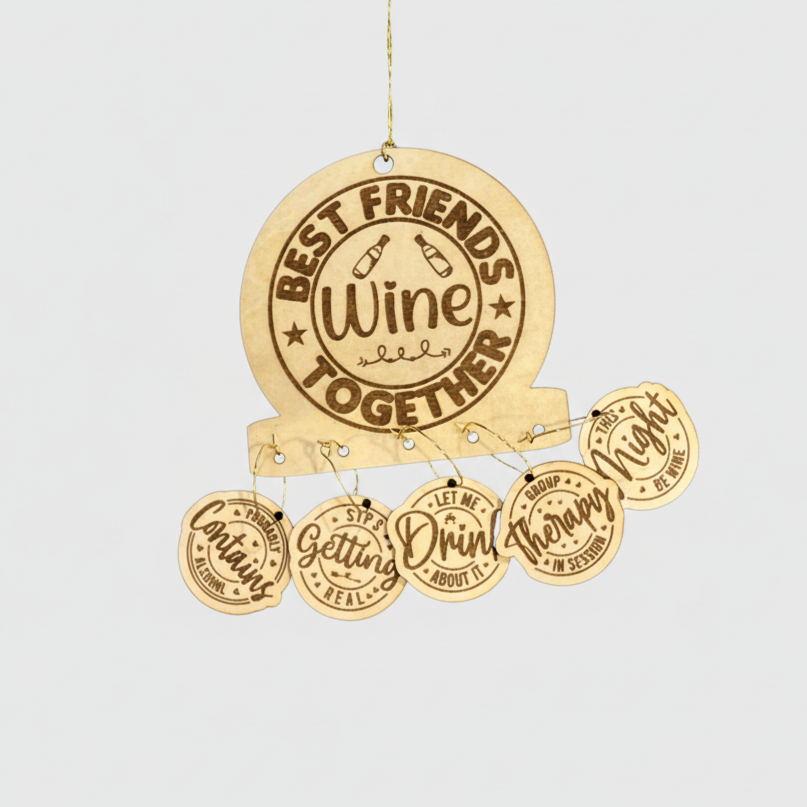 Decorative hanging sign with text on a white background