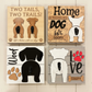 Four wooden signs with dog-themed designs and text on a wooden background.