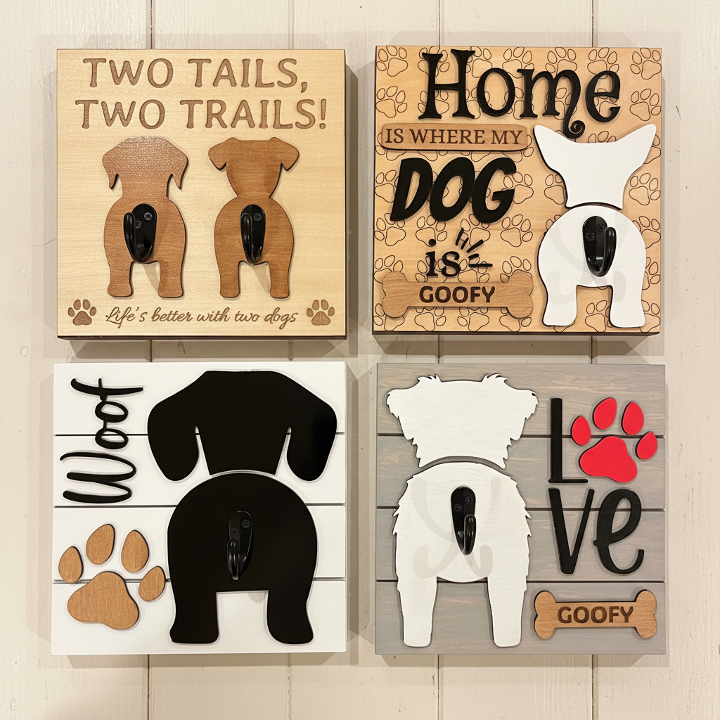 Four wooden signs with dog-themed designs and text on a wooden background.