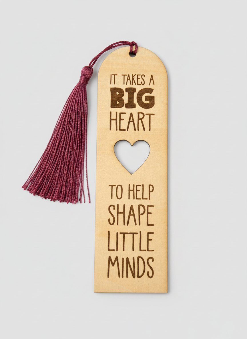 Wooden bookmark with tassel and motivational quote on a light gray background