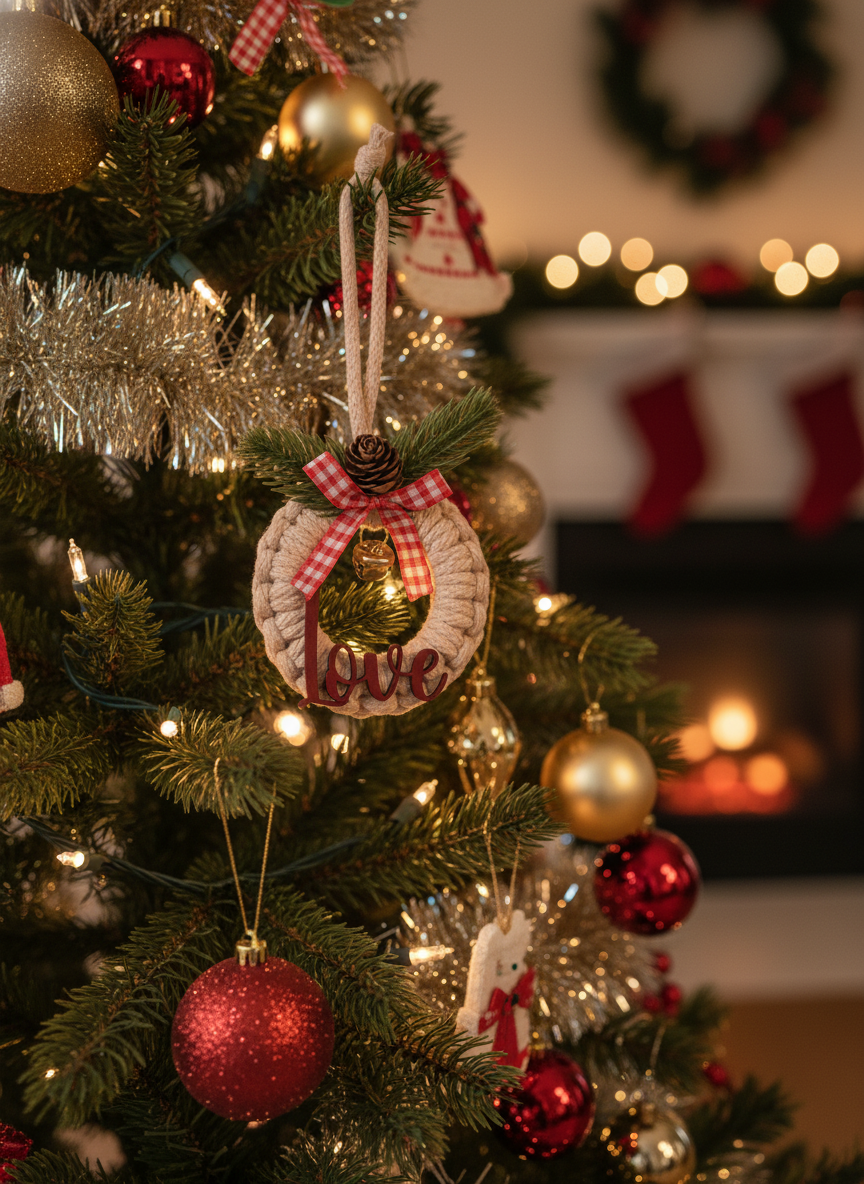 Decorative Christmas ornament on a tree with festive background