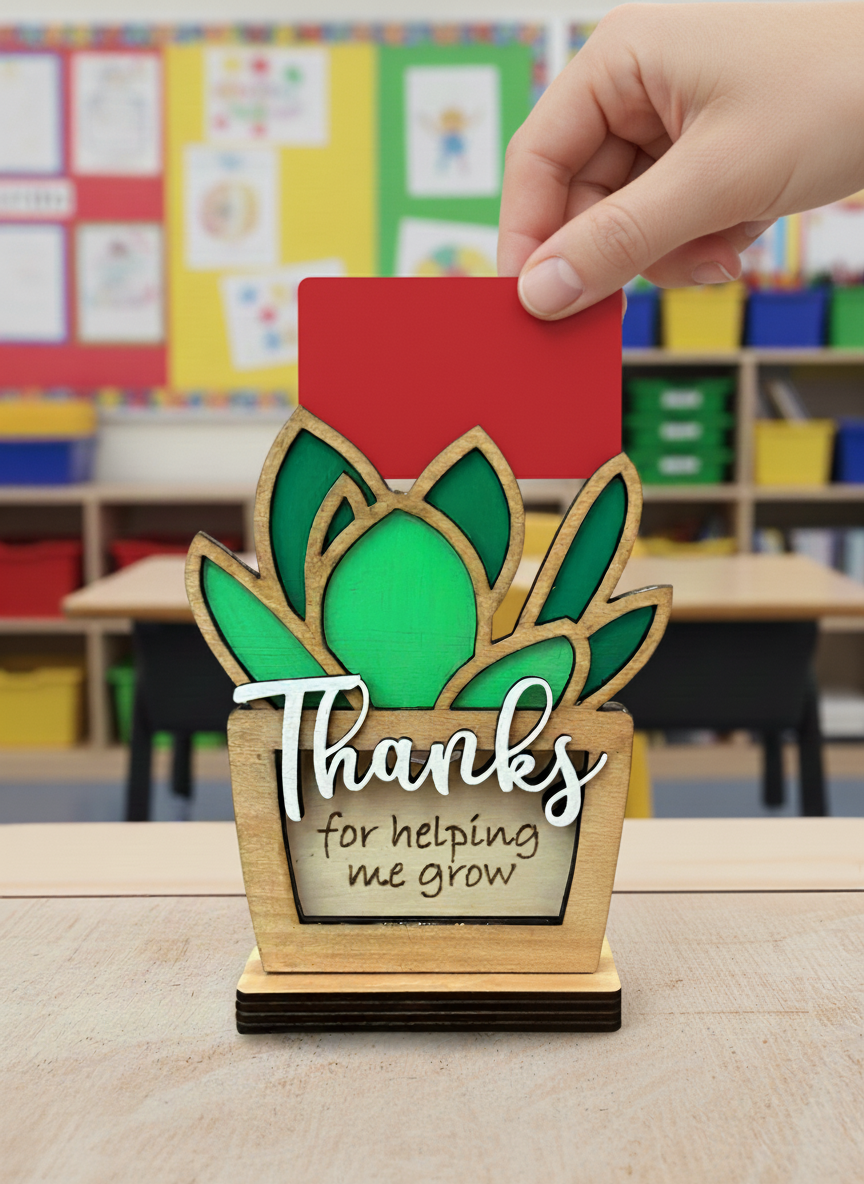 Teacher Gift Card Holder – Wooden Succulent “Thanks for Helping Me Grow” (Personalized Option)