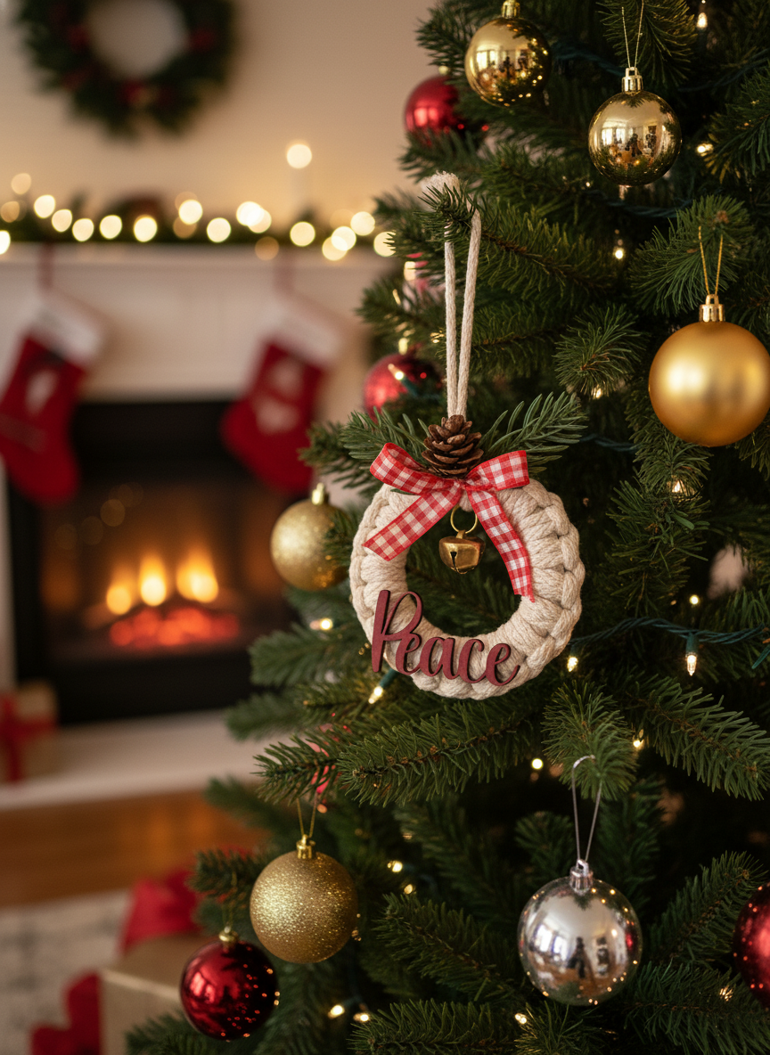 Decorated Christmas tree with ornaments and a fireplace in the background