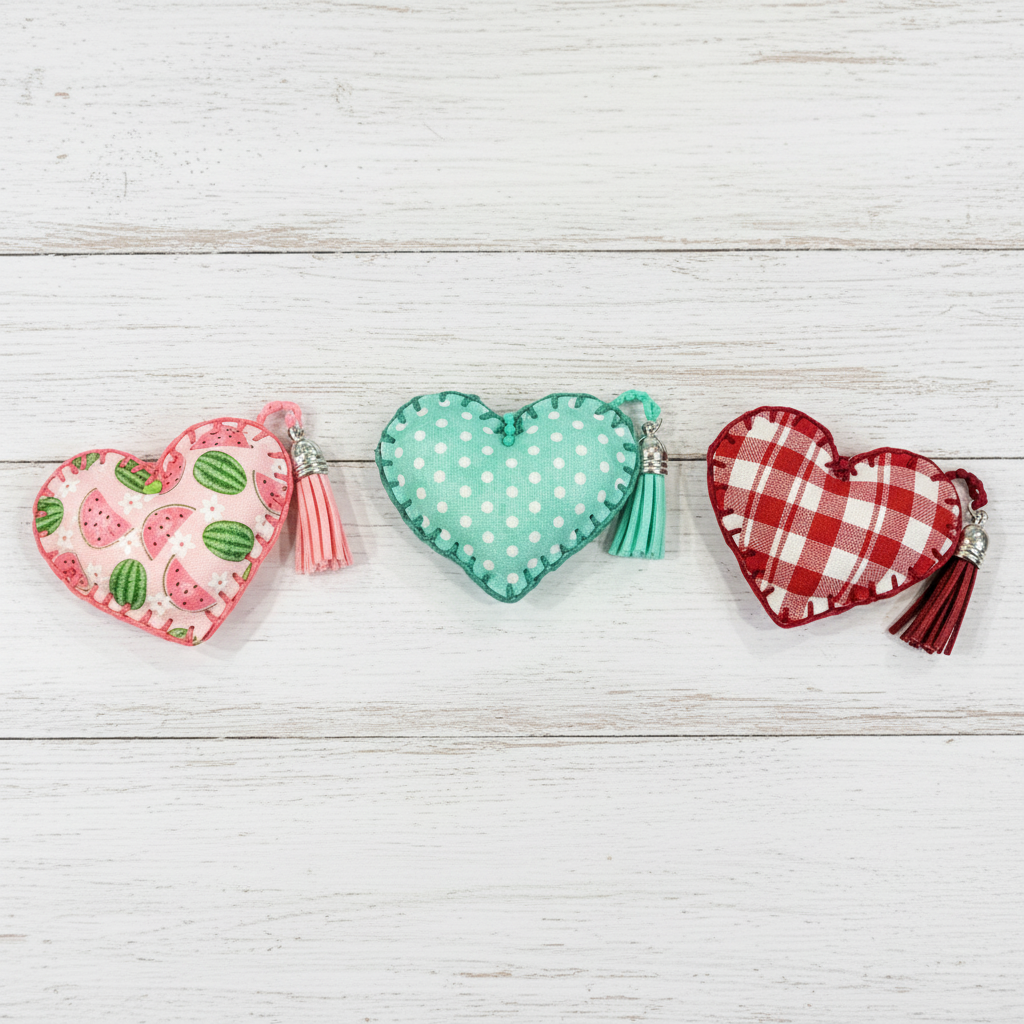 Three heart-shaped pouches with different patterns on a wooden surface