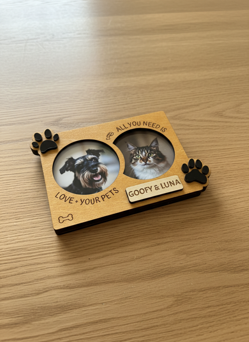 Souvenir Design dog and cat photo frame lying on a wooden table, with a dog photo, a cat photo and the names GOOFY & LUNA