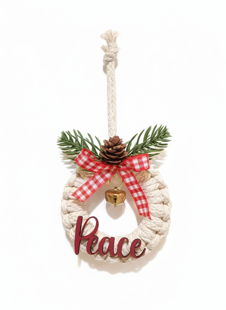 Decorative Christmas ornament with 'Peace' text, pine cone, and bell on a white background