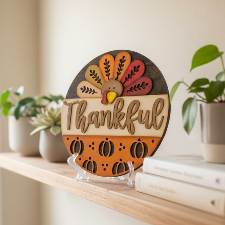 Decorative sign with a turkey design and 'Thankful' text on a shelf.