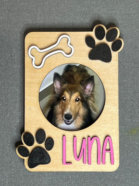 Personalized Wooden Dog Frame Magnet – With Name Engraving