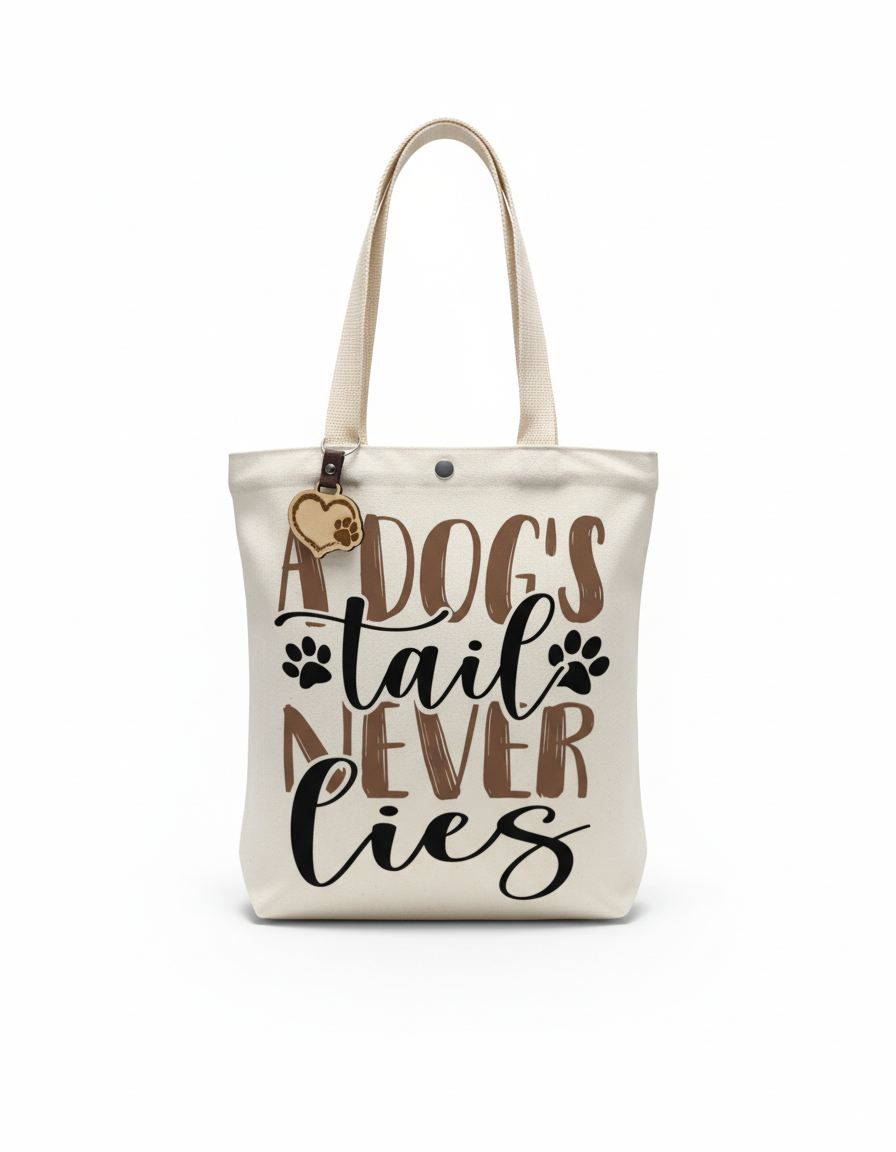 Beige tote bag with 'A dog's tail never lies' text on a white background