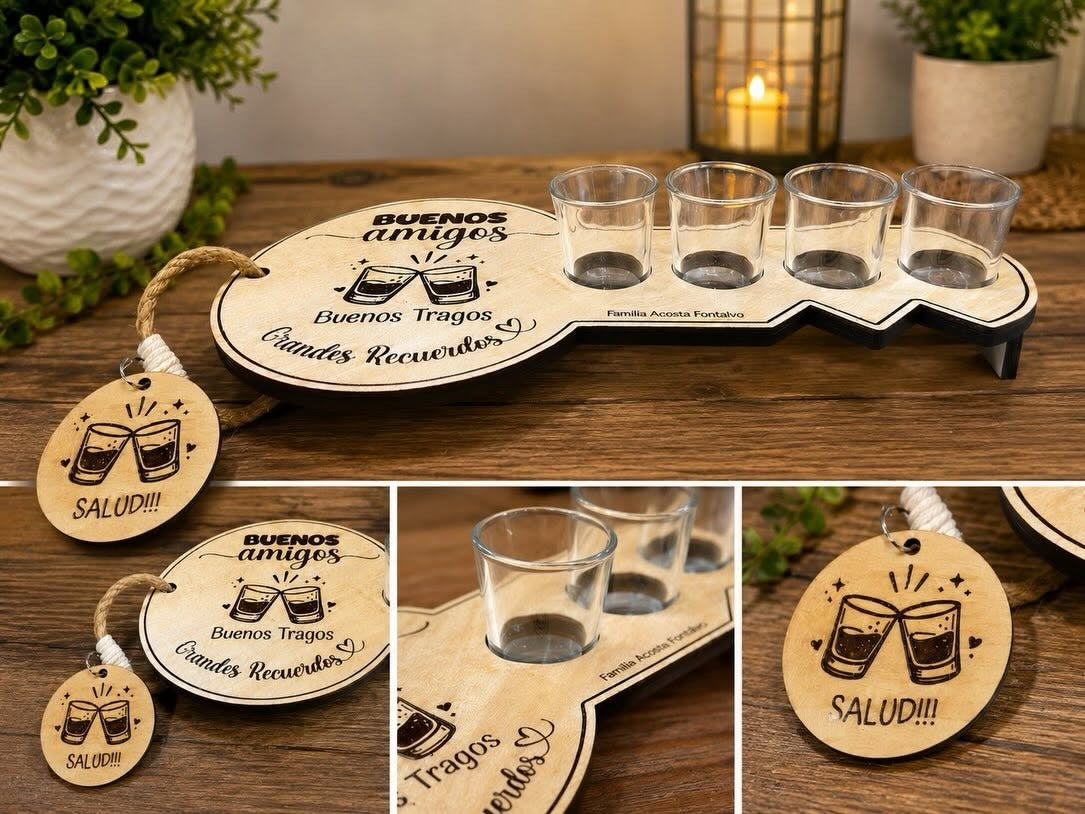 "Buenos Amigos, Buenos Tragos, Grandes Recuerdos" key-shaped wood shot glass holder with four glasses and a "Salud!!!" tag