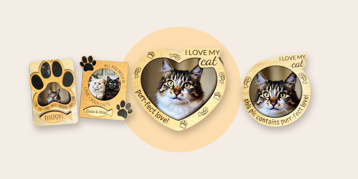Handmade gifts for cat lovers: wooden cat photo magnets in heart, round and paw shapes