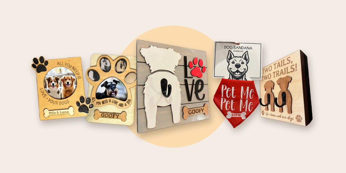 Handmade gifts for dog lovers: wooden leash holders, dog photo magnets and a dog bandana