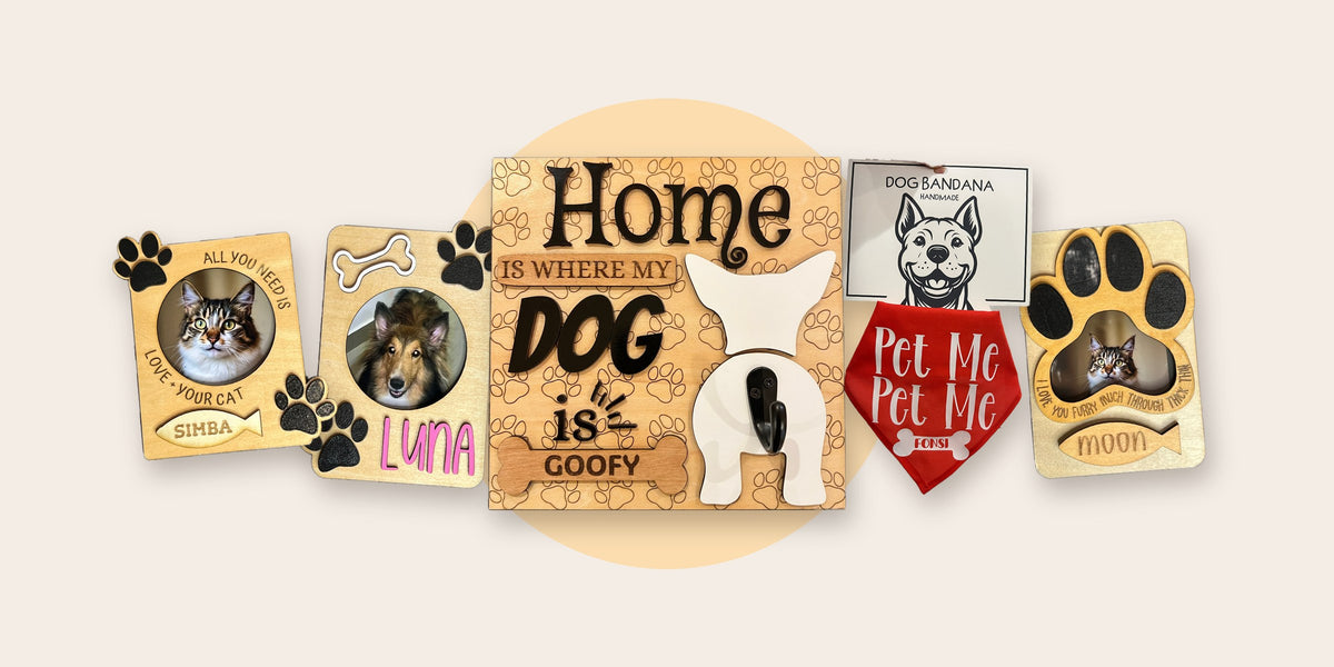 Handmade personalized pet gifts: a dog leash holder, pet photo magnets and a dog bandana