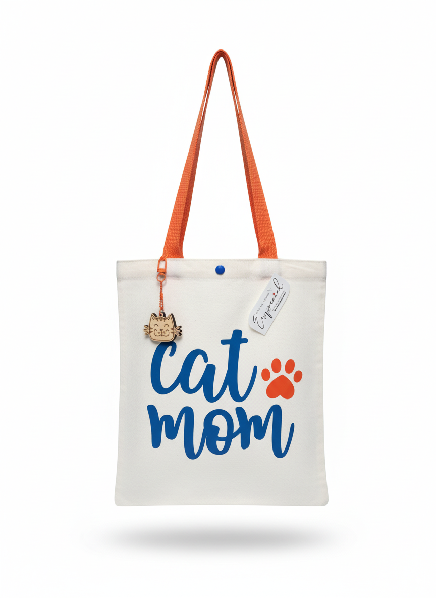 Tote bag with 'Cat Mom' text and paw print design on a white background