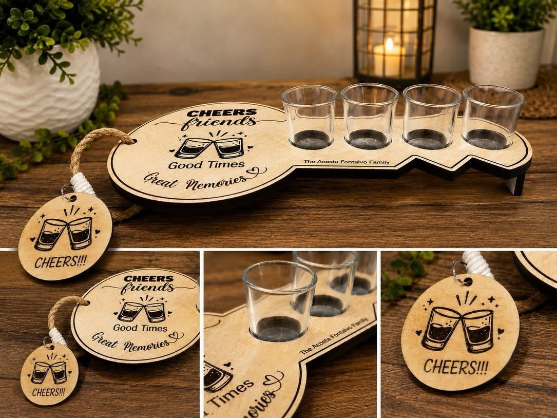 "Cheers Friends, Good Times, Great Memories" key-shaped wood shot glass holder with four glasses and a "Cheers!!!" tag