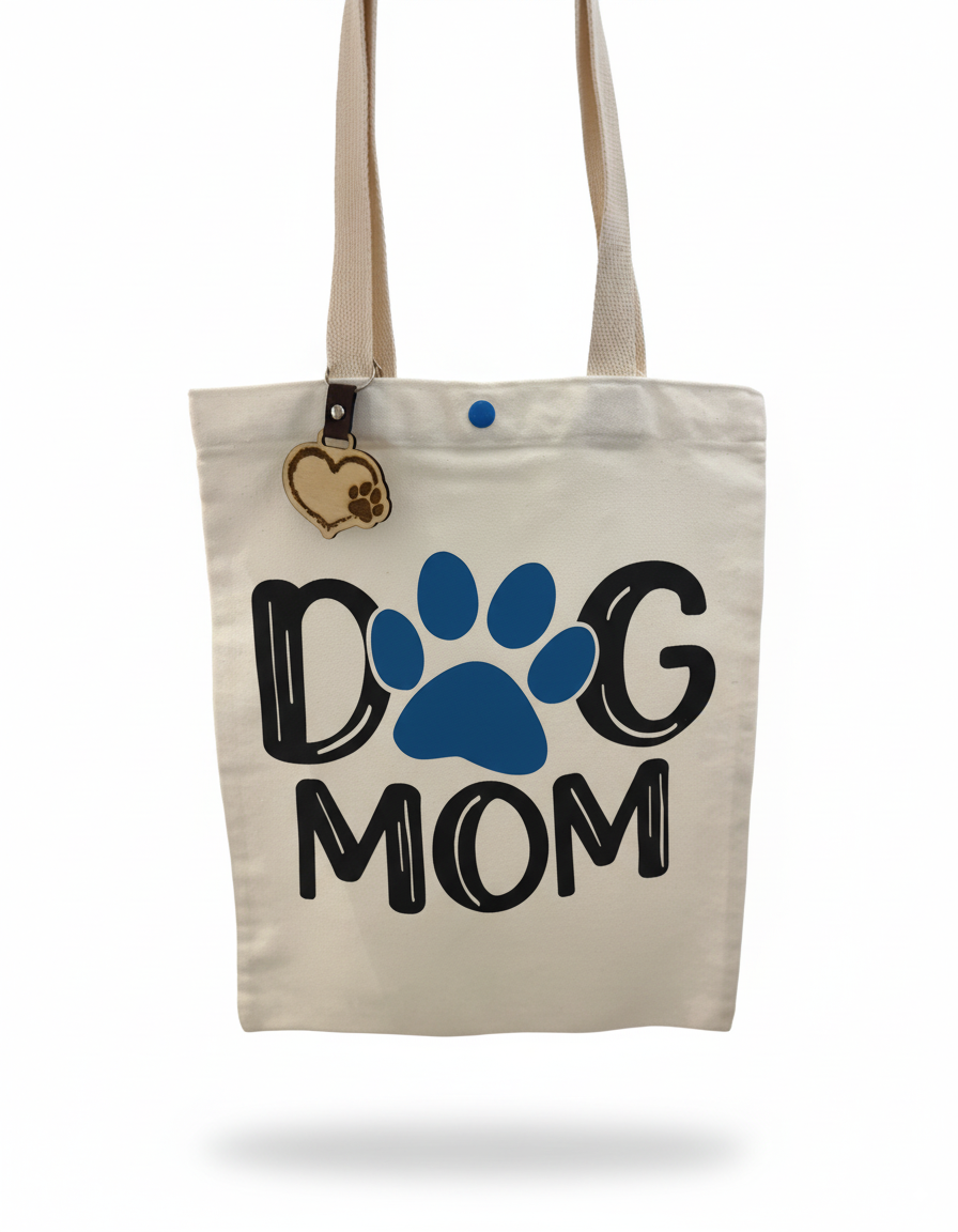 Tote bag with 'Dog Mom' text and paw print design on a white background