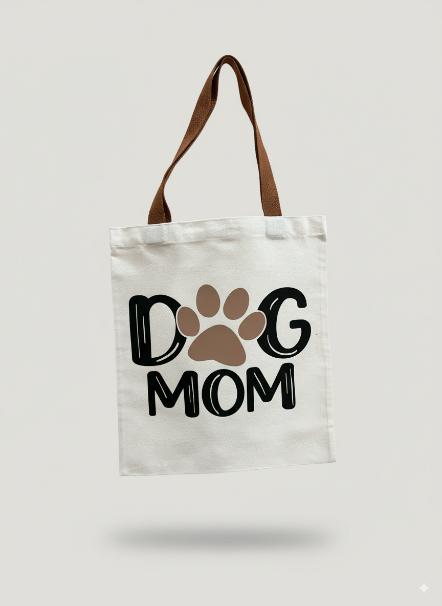 Tote bag with 'Dog Mom' and paw print design on a white background