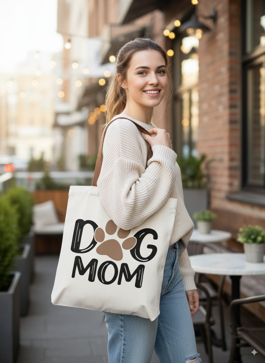Woman holding a tote bag with 'Dog Mom' text in an outdoor setting