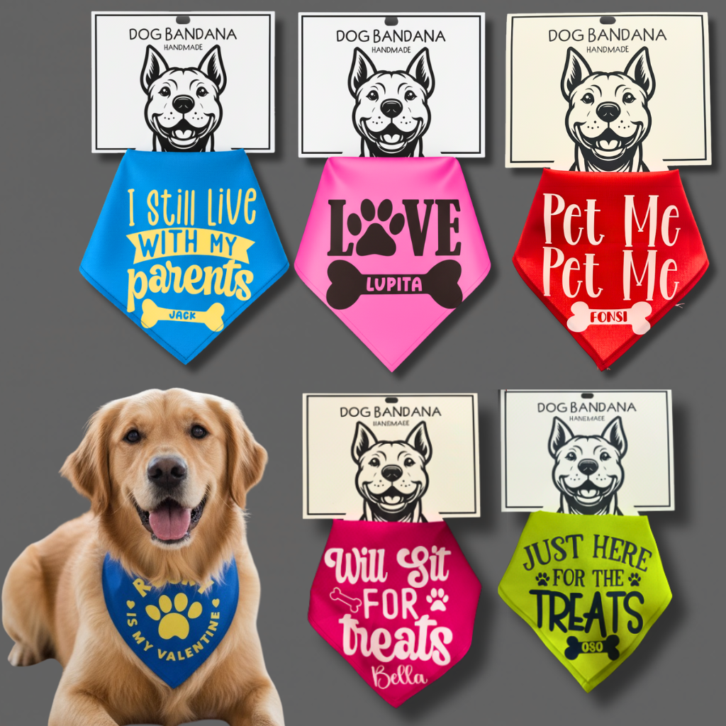 Collection of colorful dog bandanas with text and a dog wearing one, on a gray background.