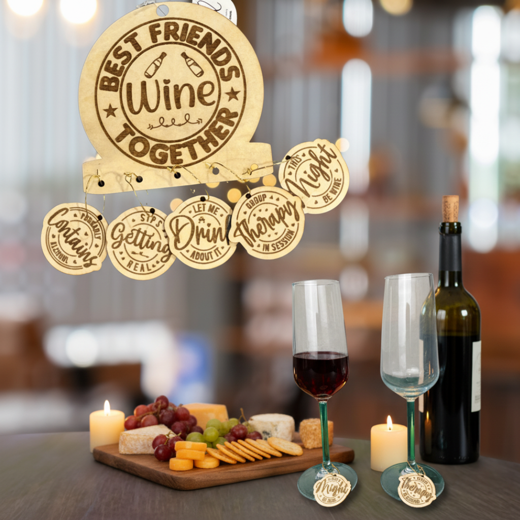 Best Friends Wine Glass Charms – Wooden Drink Markers (Set of 6)