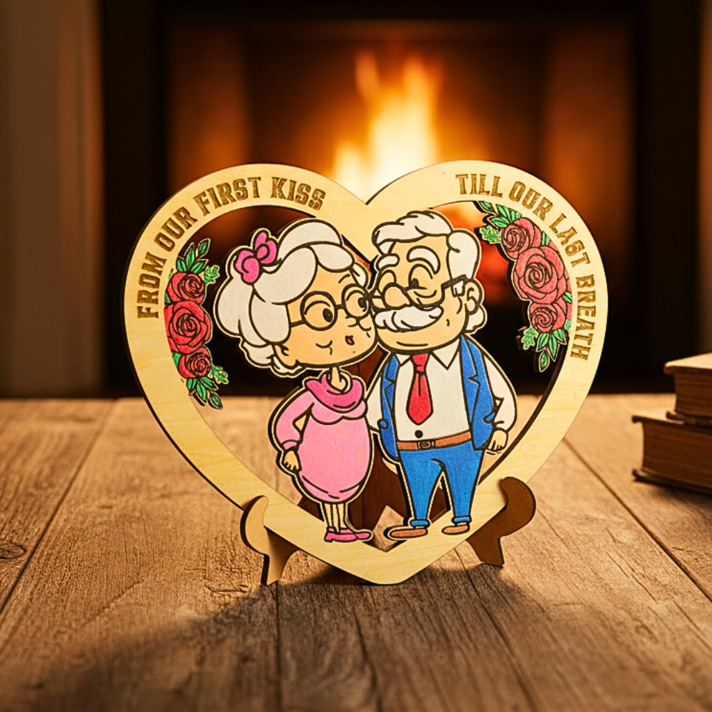 Wooden heart-shaped plaque with cartoon couple and text 'From Our First Kiss Till Our Last Breath' against a fireplace background.