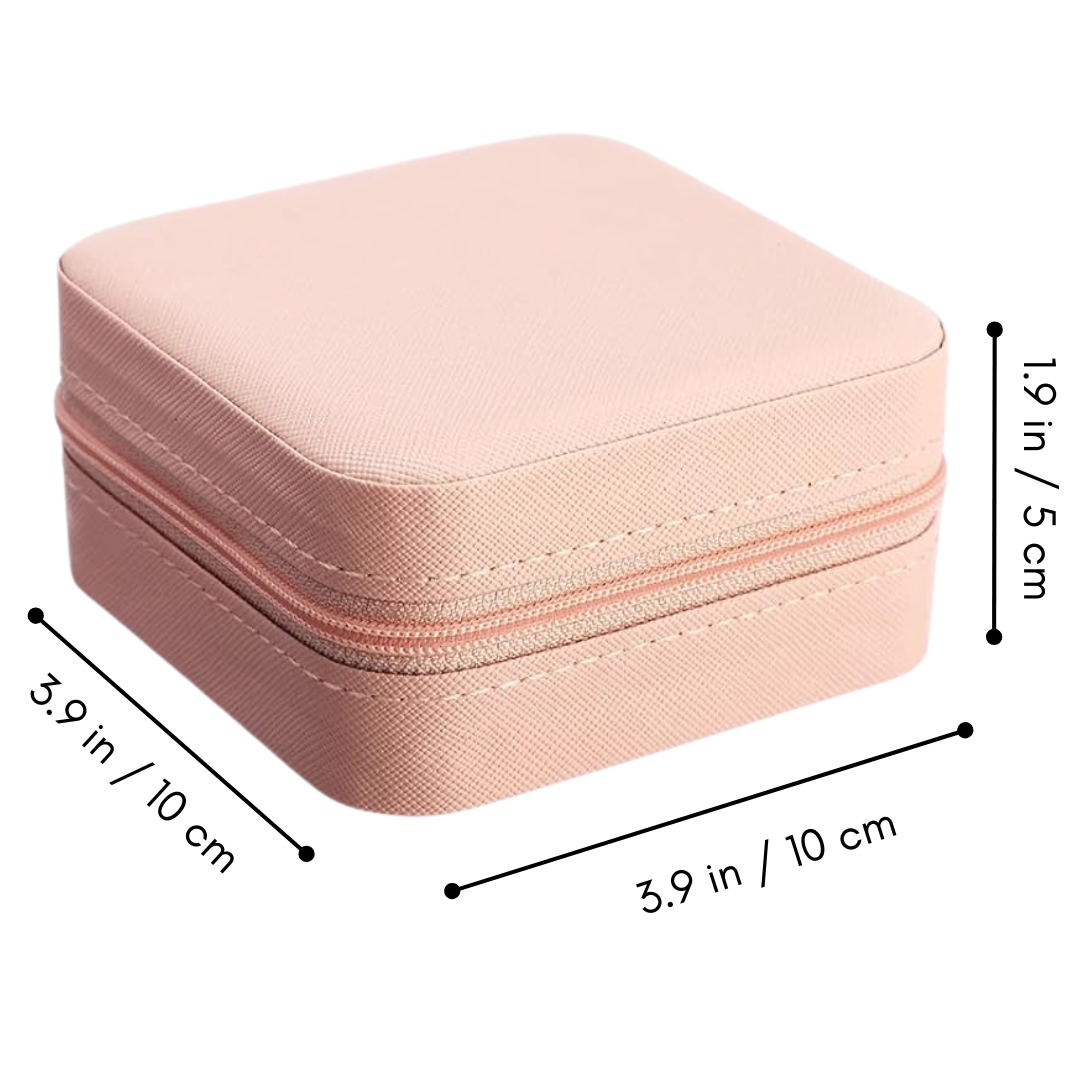 Pink jewelry box with dimensions on a white background