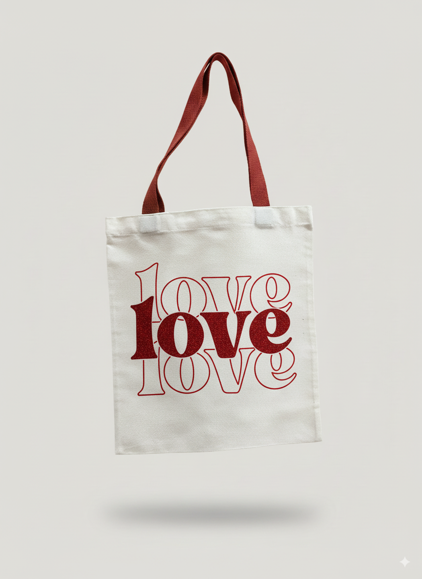 White tote bag with red 'LOVE' text on a light gray background