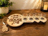 Souvenir Design key-shaped wood shot glass holder engraved "Our First House" with four glass shot cups and a wooden house tag