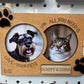 Souvenir Design wooden dog and cat photo frame with two round photos, engraved All you need is love + your pets, black paws and a name plaque reading GOOFY & LUNA