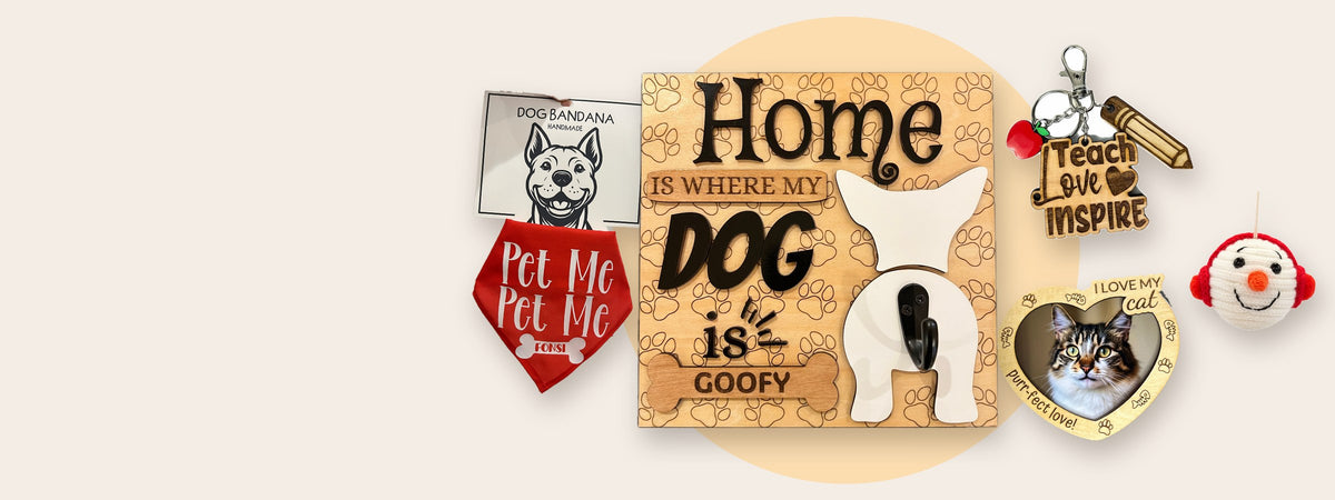 Regalos personalizados hechos a mano: colgador de correas Home is where my dog is, bandana, imán con foto de gato, llavero para maestras y muñeco de nieve tejido