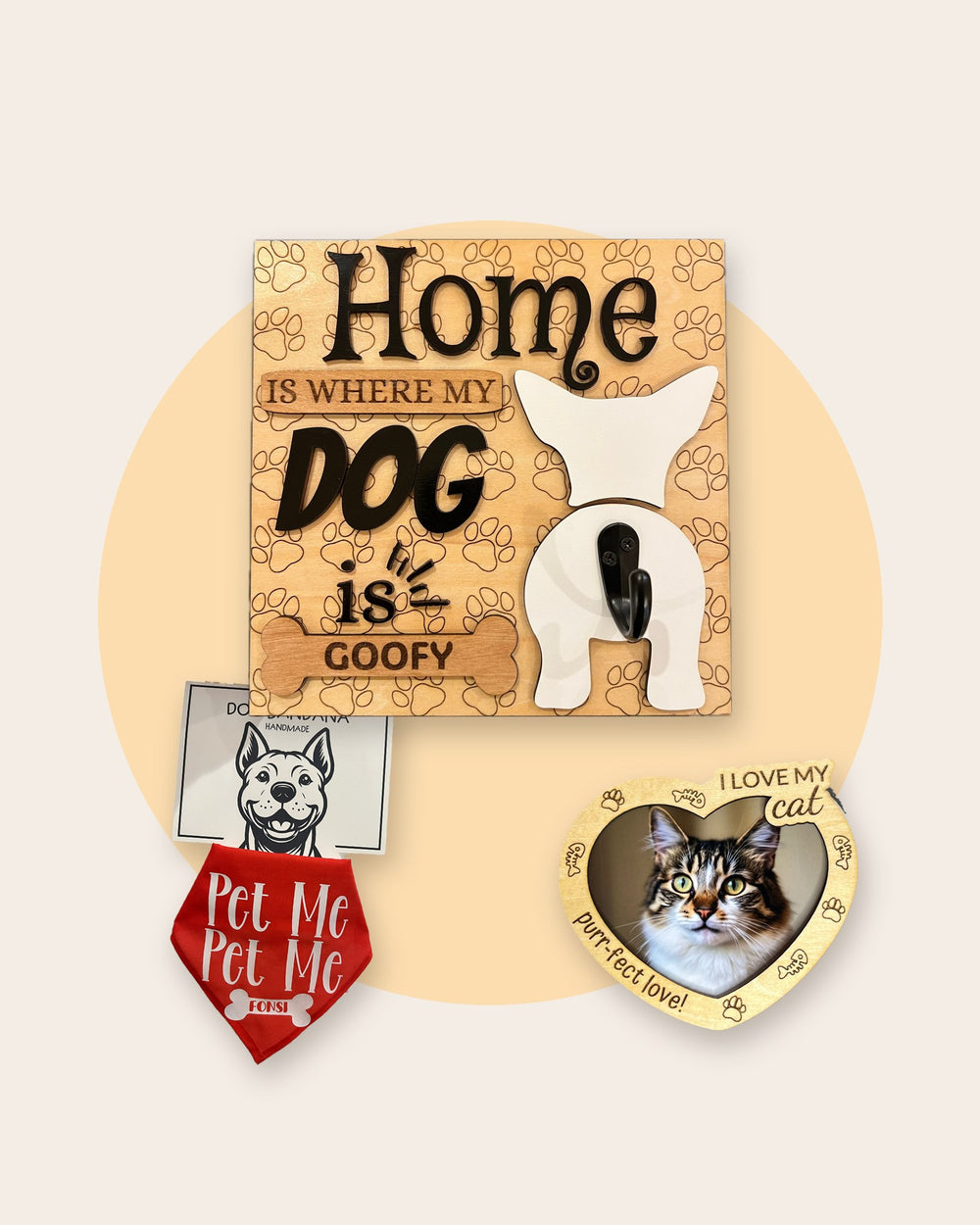 Regalos para mascotas hechos a mano: colgador de correas, bandana e imán con foto de gato
