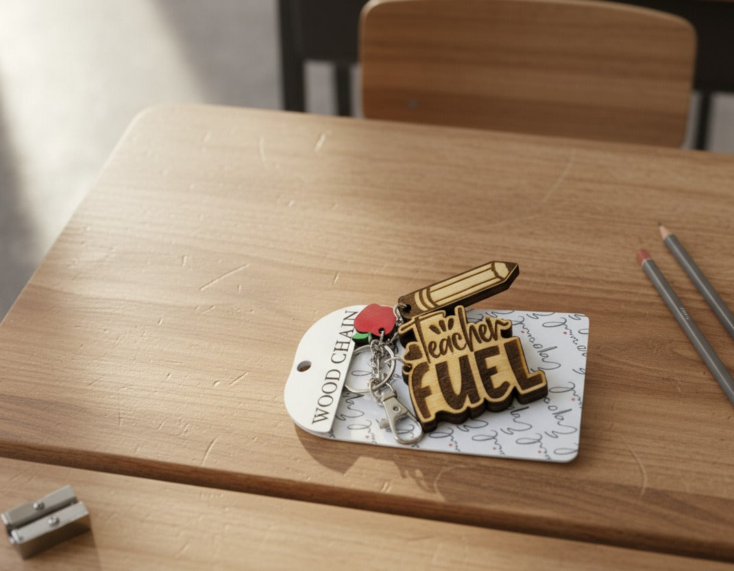 "Teacher Fuel" keychain on its card on a school desk, wider view with colored pencils and a sharpener