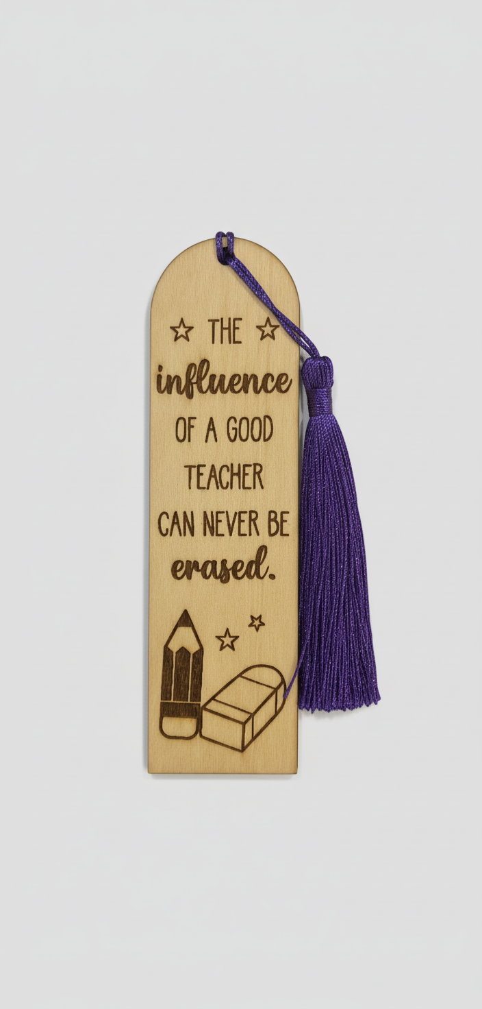 Wooden bookmark with purple tassel and engraved text on a white background